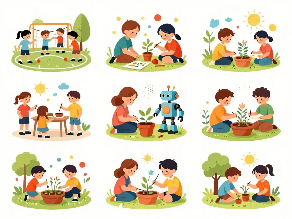 Collage activités périscolaires 6-12 ans sport art science nature