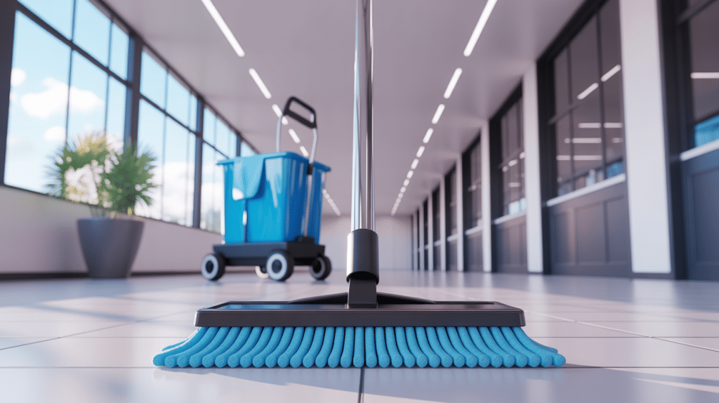 balai professionnel microfibre dans environnement d'entretien moderne