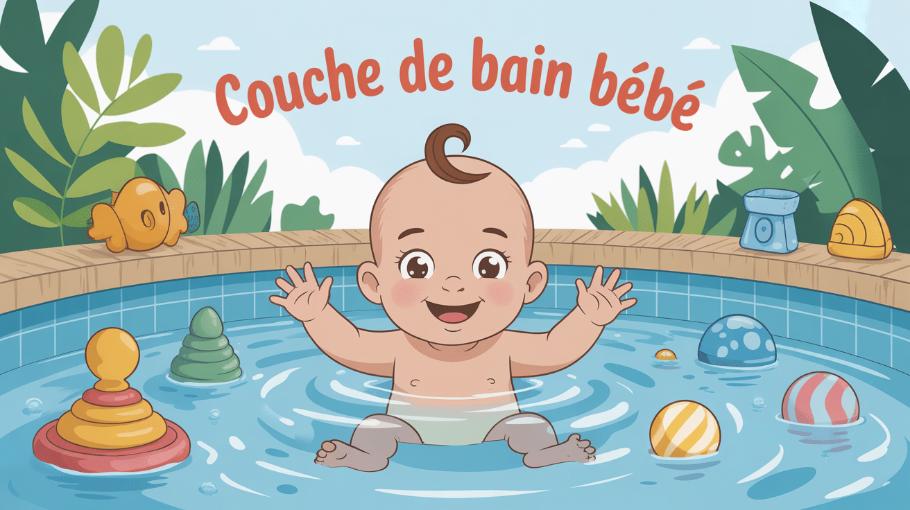 Bébé heureux avec couche de bain bébé à la piscine