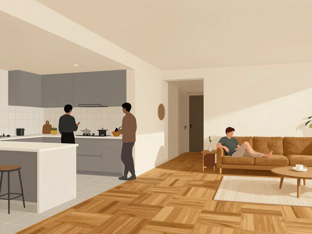 équilibre visuel cuisine carrelage salon parquet