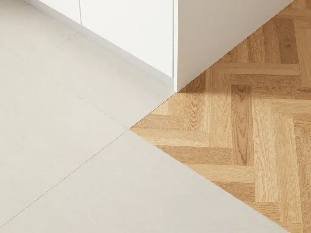 jonction élégante cuisine carrelage salon parquet