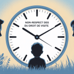 Illustration droit de visite horaires non respectés avec montre, parents séparés et enfant