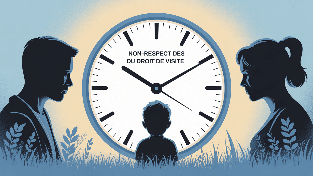 Illustration droit de visite horaires non respectés avec montre, parents séparés et enfant