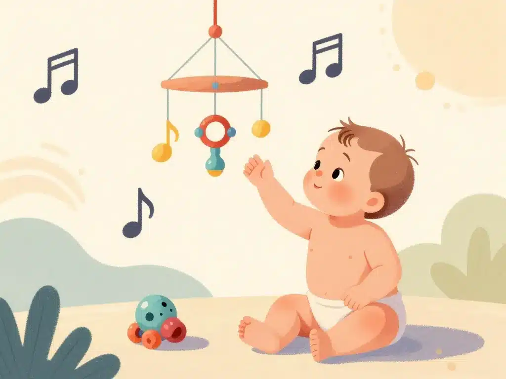 bébé entouré de jouets musique bebe et notes flottantes