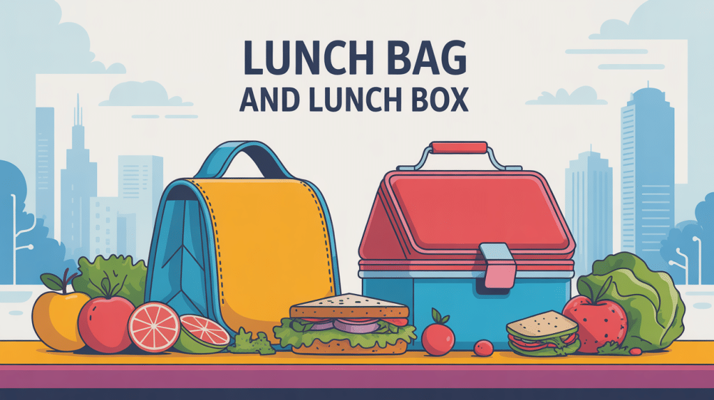 Illustration lunch bag and lunch box sur table avec repas sain