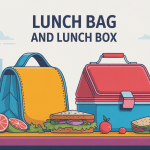 Illustration lunch bag and lunch box sur table avec repas sain