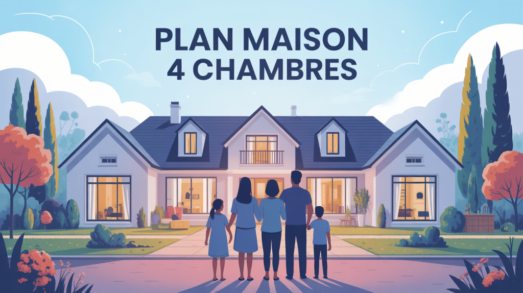 plan maison 4 chambres illustration famille devant maison moderne