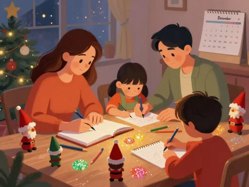 Famille écrit lettre lutin farceur à table