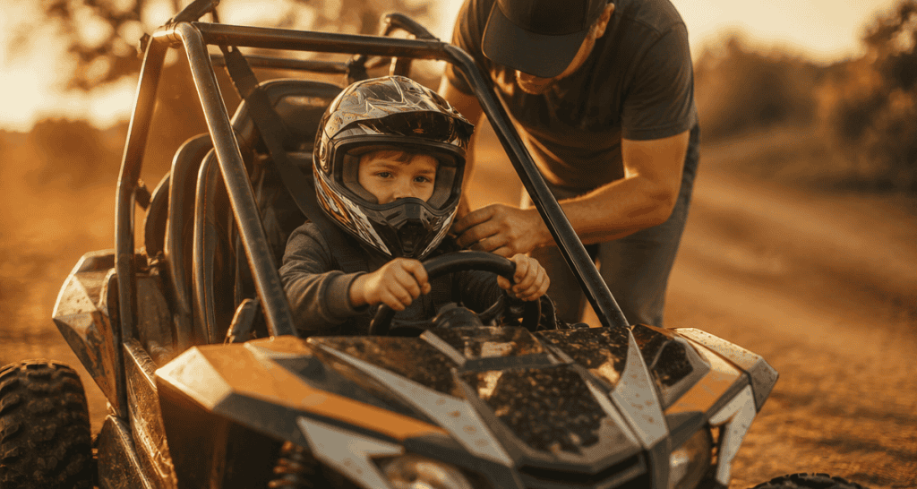 voiture thermique enfant buggy sur chemin avec sécurité