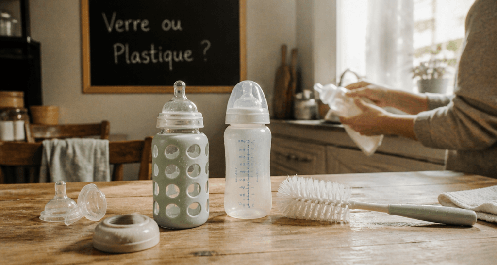 Biberon en verre ou en plastique sur une table, comparaison