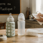 Biberon en verre ou en plastique sur une table, comparaison