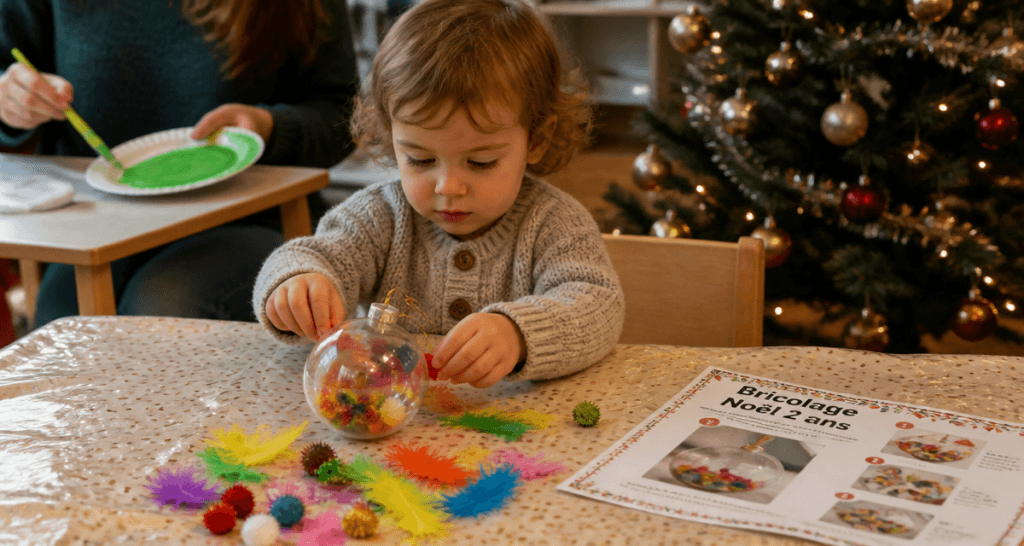bricolage de noël pour petit de 2 ans avec boule et plumes
