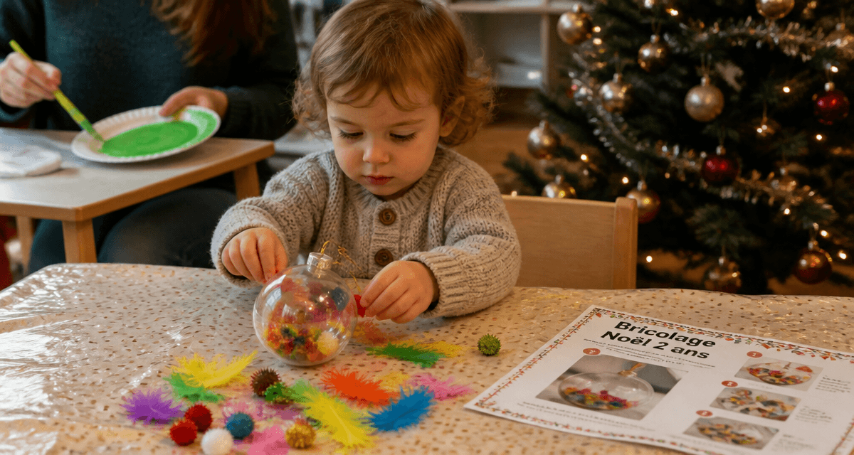 bricolage de noël pour petit de 2 ans avec boule et plumes