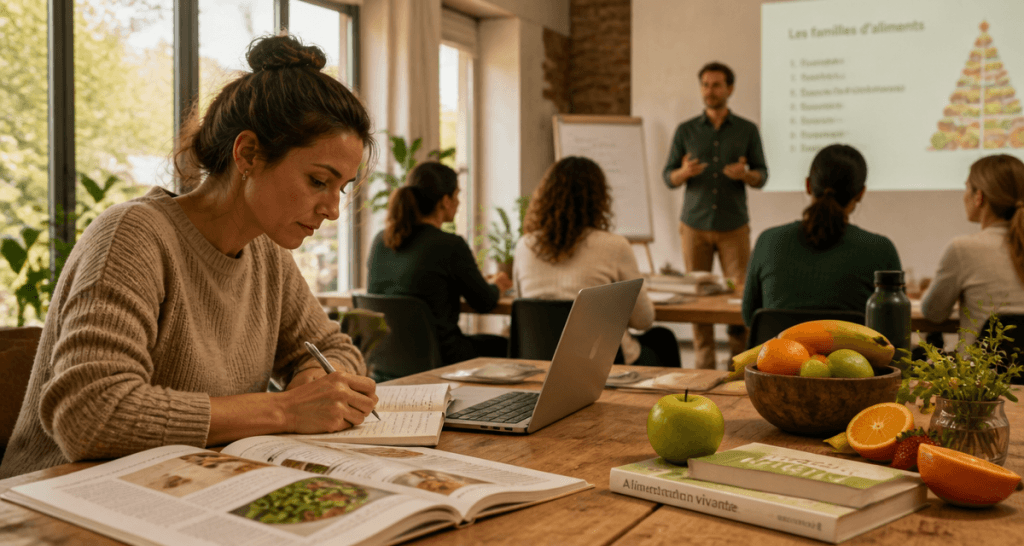Coach en nutrition formation, femme prend des notes