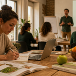 Coach en nutrition formation, femme prend des notes