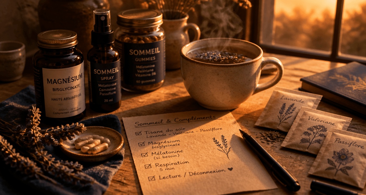 complements alimentaires pour dormir sur table avec tisane et plantes