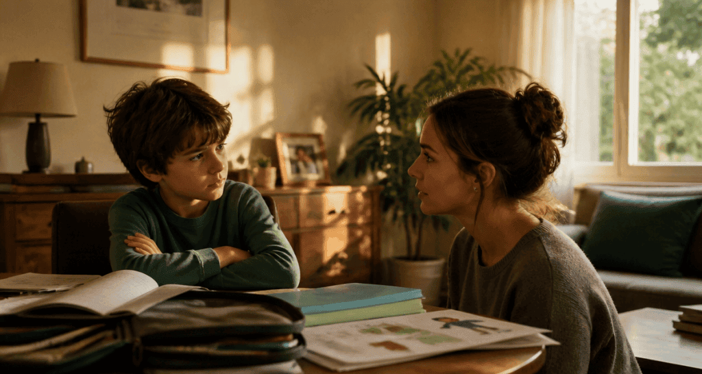 Enfant 9 ans bras croisés dialogue mère