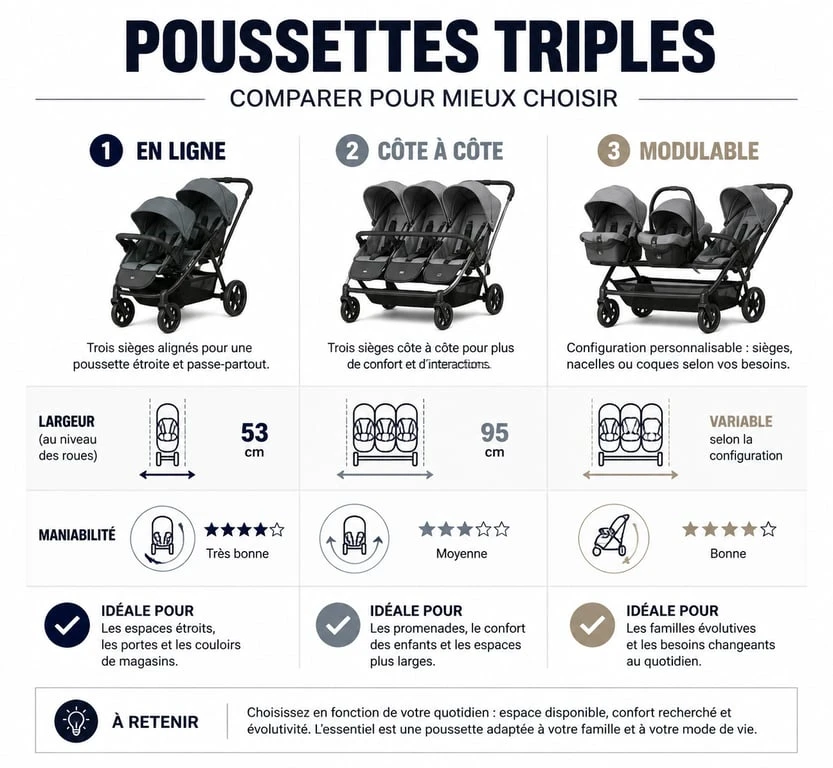 Comparatif des types de poussettes triples : en ligne, côte à côte et modulable.