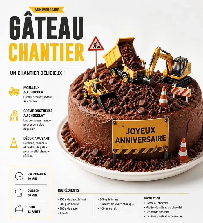 Gâteau rigolo d'anniversaire sur le thème chantier de construction