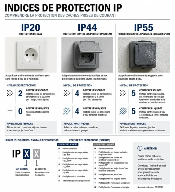 Infographie comparative des indices de protection IP pour cache prise de courant