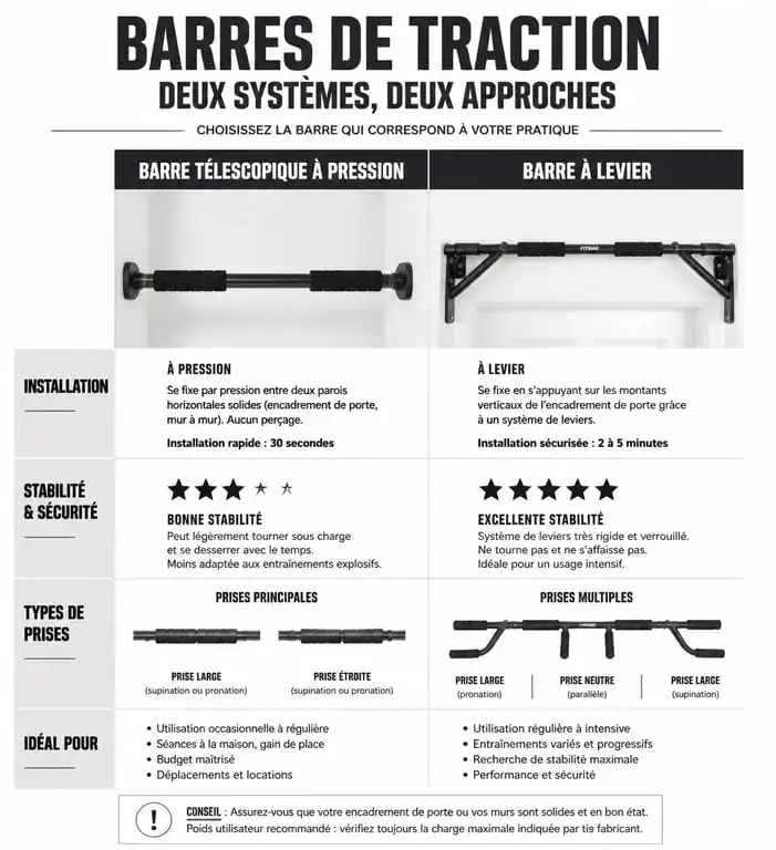 Comparatif visuel : barre de traction de porte télescopique vs barre à levier pour le fitness à domicile
