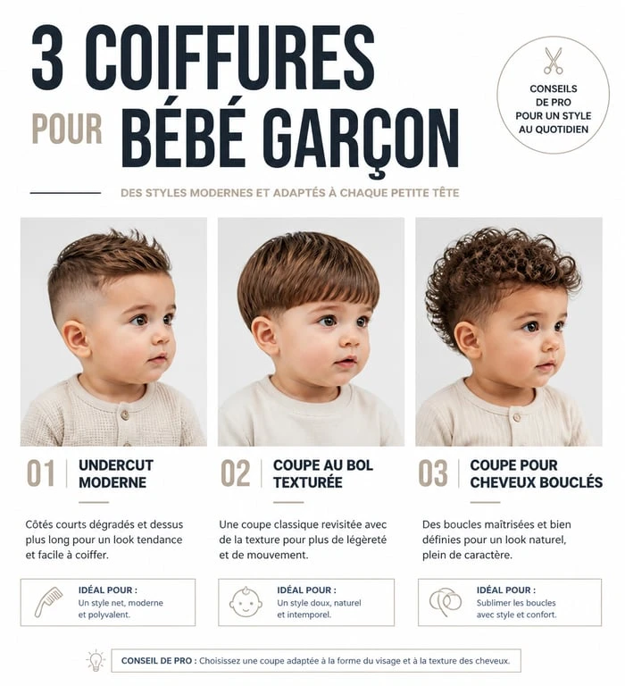 Styles de coiffure bébé garçon : undercut, coupe au bol et cheveux bouclés