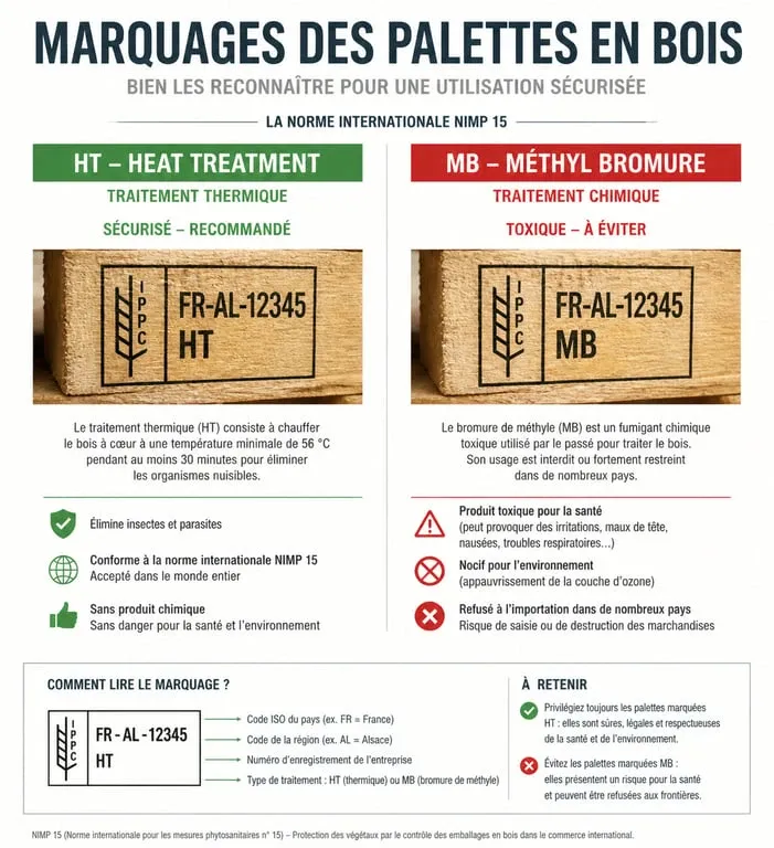 Infographie sur les marquages de sécurité des palettes en bois pour fabriquer des meubles