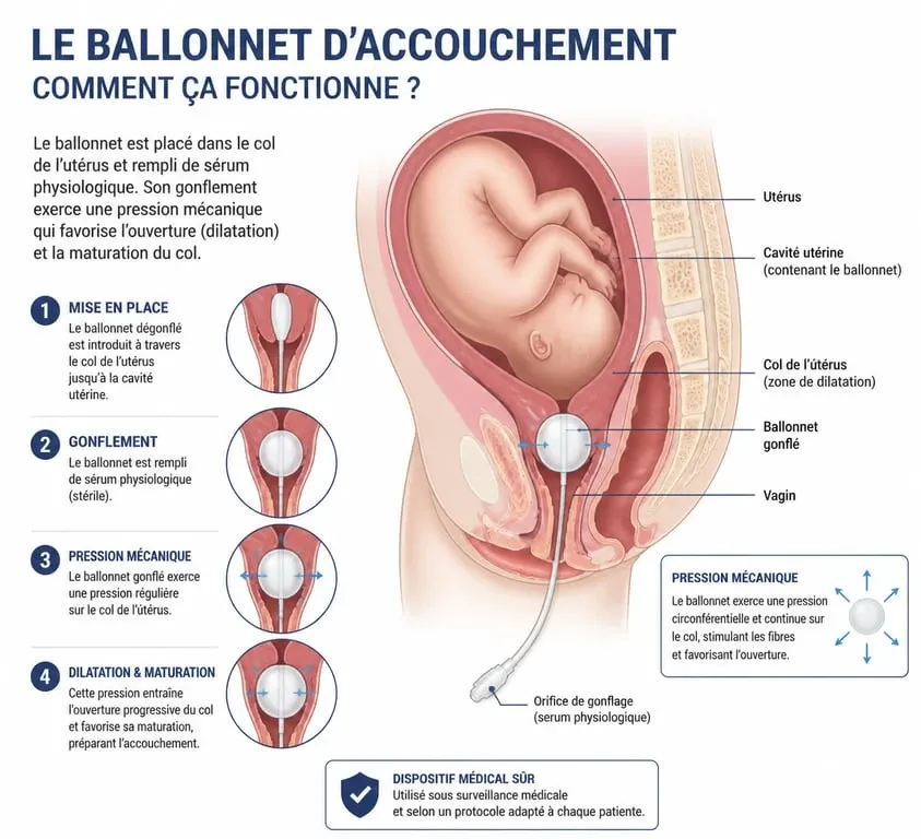Schéma explicatif du fonctionnement du ballonnet d'accouchement pour la maturation du col