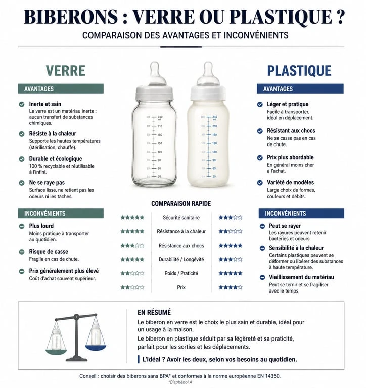 Comparatif biberon en verre ou en plastique : avantages et inconvénients pour bébé