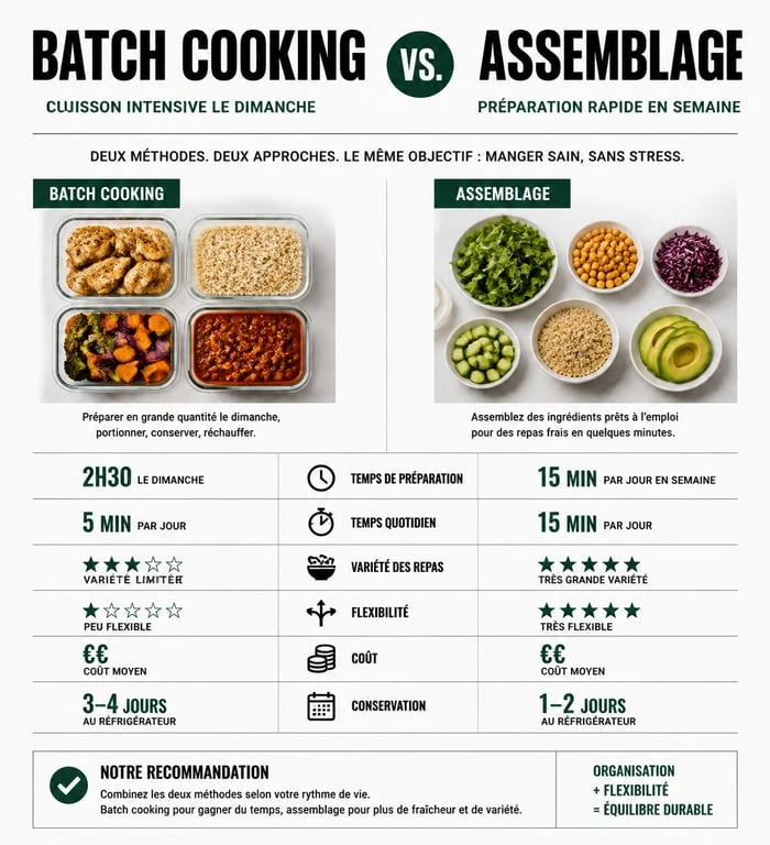 Comparaison des méthodes de planification de menu famille semaine : Batch cooking et assemblage pour gagner du temps