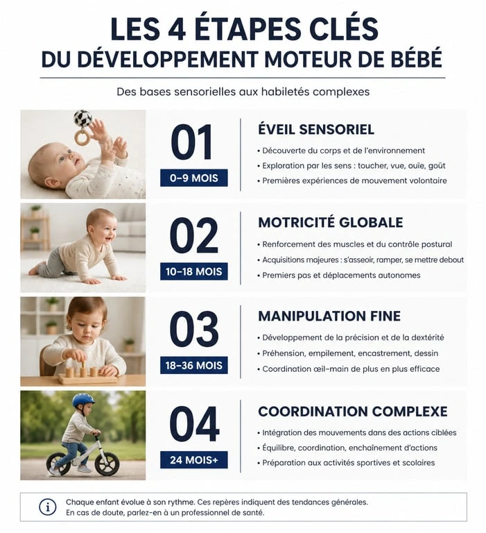 Infographie des étapes du développement moteur et jeux de motricité pour bébé