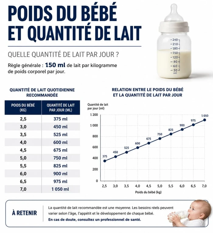 Infographie sur la quantité de lait par poids de bébé et tableau quantité lait bébé poids