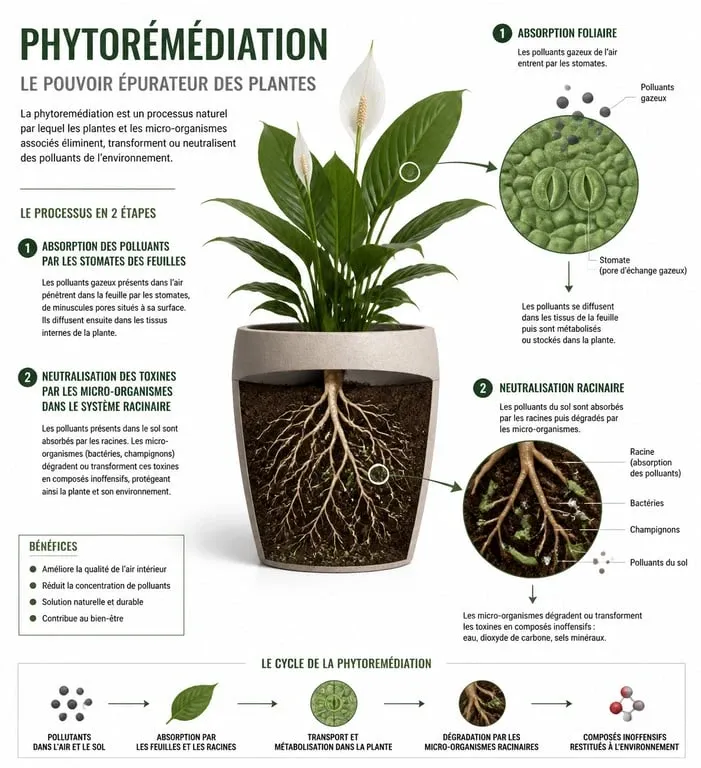 Infographie explicative du fonctionnement des plantes d'intérieur dépolluantes et de la phytoremédiation
