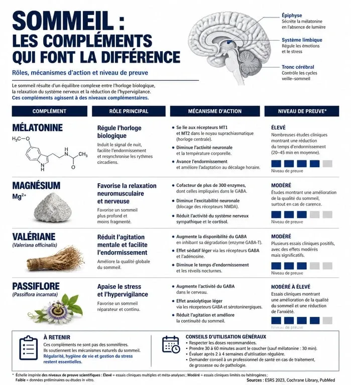 Infographie sur les compléments alimentaires pour dormir et leurs bienfaits