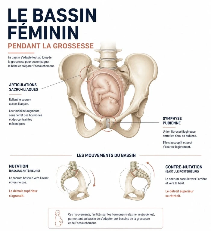 Schéma anatomique du bassin de la femme enceinte illustrant la mobilité articulaire et les mouvements du sacrum