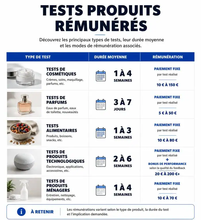 Infographie comparative des types de tests produits rémunérés et rémunérations