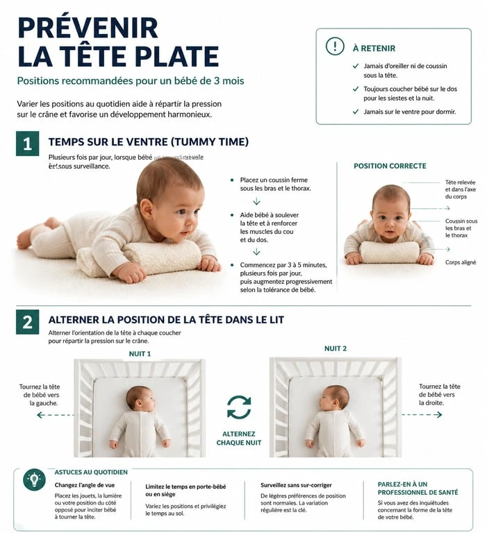 Schéma des positions recommandées pour prévenir la tête plate chez le nourrisson de 3 mois
