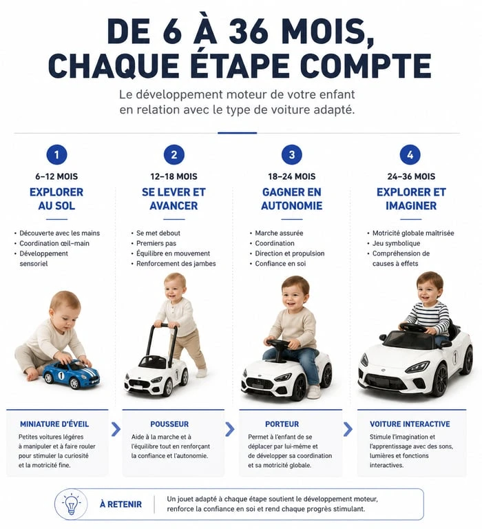 Infographie comparative des voitures bébé selon l'âge et le développement moteur