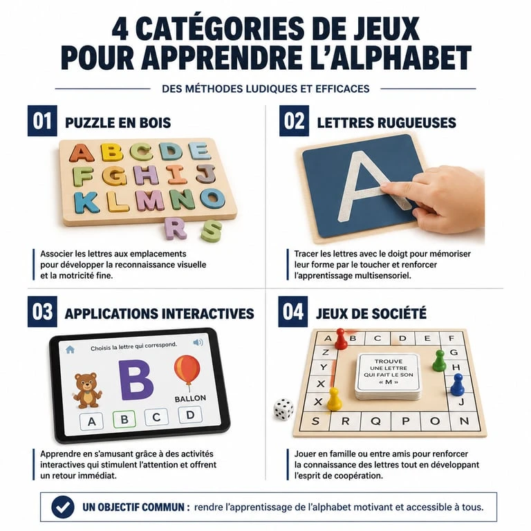 Infographie comparative des jeux alphabet pour enfants par âge et méthode pédagogique