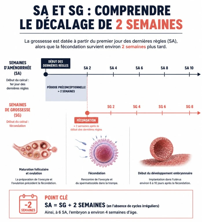 Infographie explicative sur le calcul des semaines d'aménorrhée et semaines de grossesse