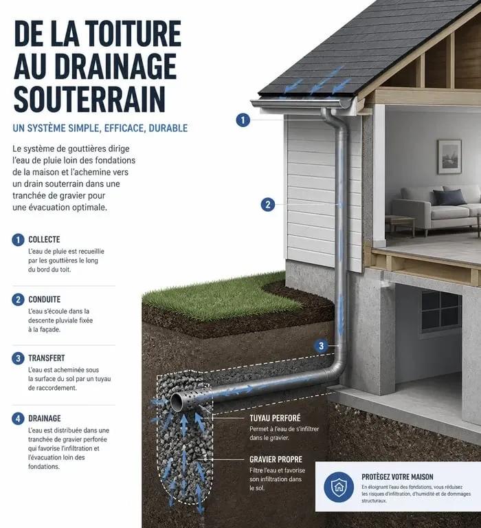 Schéma technique du drainage des eaux de pluie par gouttière et tranchée drainante