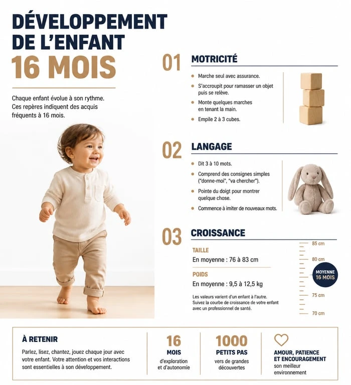 Infographie des étapes clés du développement de bébé à 16 mois