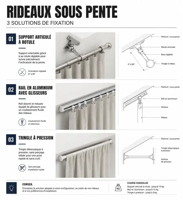 Types de fixations pour tringle rideau sous pente : support articulé, rail aluminium et tringle à pression