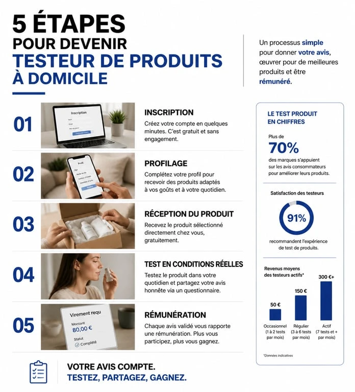 Processus pour devenir testeur de produits rémunéré à domicile