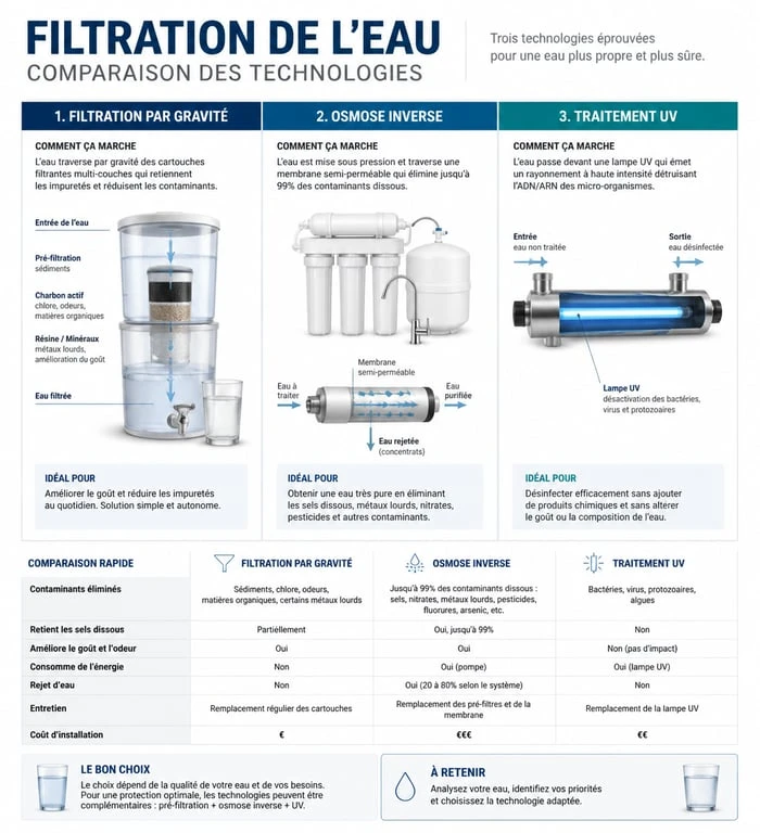 Infographie comparative des technologies de filtration pour fontaine à eau