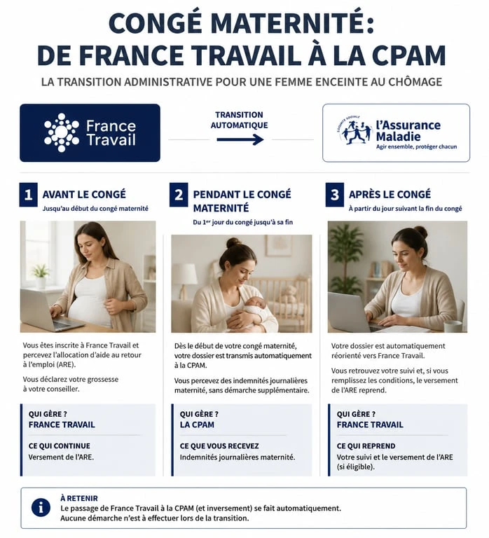 Infographie explicative sur les droits au chômage et congés maternité en France
