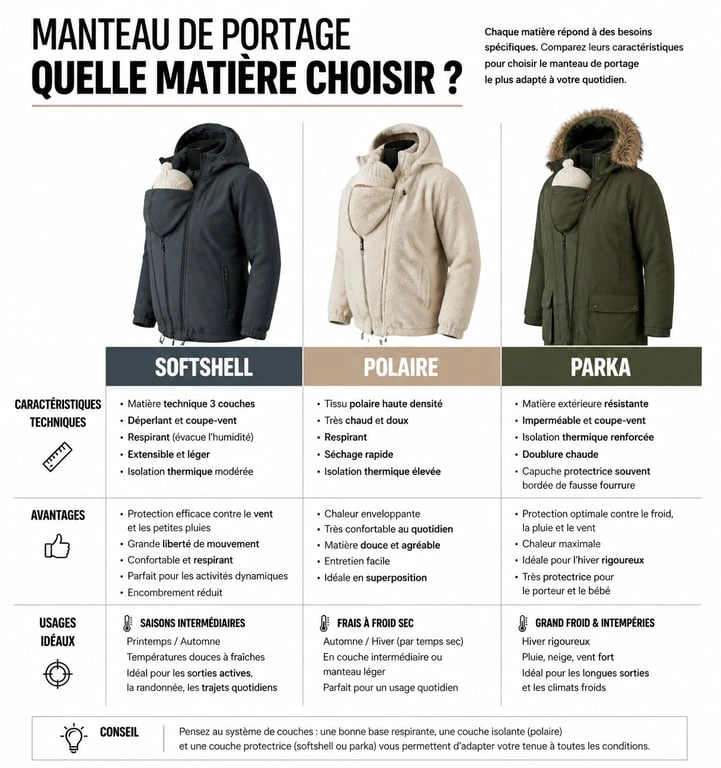 Infographie comparative des matières pour manteau de portage : softshell, polaire et parka