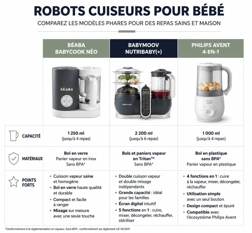Infographie comparative des meilleurs robots cuiseurs pour bébé : Béaba, Babymoov et Philips Avent