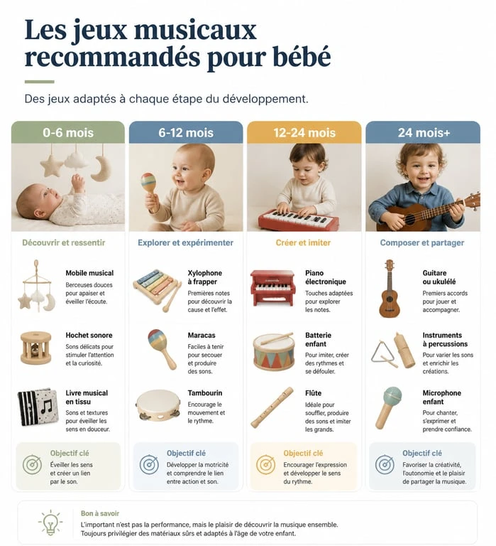 Infographie des jeux musicaux pour bébé par âge pour l'éveil musical