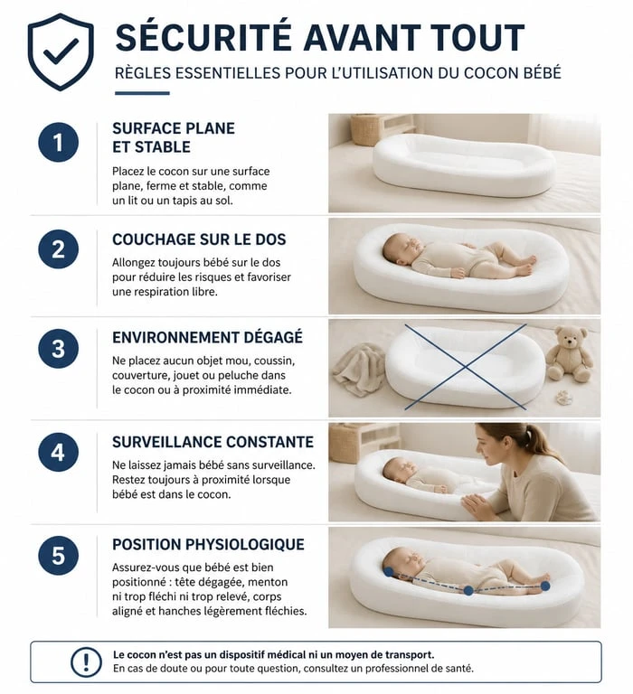 Infographie des règles de sécurité pour l'utilisation d'un cocon bébé